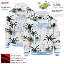 Laden Sie das Bild in den Galerie-Viewer, Custom White Light Blue Tropical Hawaii Palm Trees 3D Bomber Full-Snap Varsity Letterman Hoodie Jacket