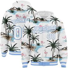 Laden Sie das Bild in den Galerie-Viewer, Custom White Light Blue Tropical Hawaii Palm Trees 3D Bomber Full-Snap Varsity Letterman Hoodie Jacket