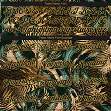 Загрузить изображение в средство просмотра галереи, Custom Black Old Gold Tropical Hawaii Jungle Leaves 3D Bomber Full-Snap Varsity Letterman Hoodie Jacket