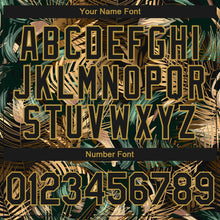 Загрузить изображение в средство просмотра галереи, Custom Black Old Gold Tropical Hawaii Jungle Leaves 3D Bomber Full-Snap Varsity Letterman Hoodie Jacket