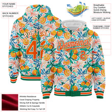 Laden Sie das Bild in den Galerie-Viewer, Custom White Orange-Kelly Green Fruit 3D Pattern Design Bomber Full-Snap Varsity Letterman Hoodie Jacket