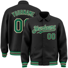 Load image into Gallery viewer, Custom Black Kelly Green-Cream Bomber Full-Snap Varsity Letterman Lapel Collar Byron Jacket