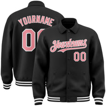 Load image into Gallery viewer, Custom Black Medium Pink-White Bomber Full-Snap Varsity Letterman Lapel Collar Byron Jacket
