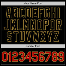 Load image into Gallery viewer, Custom Black Red-Old Gold Bomber Full-Snap Varsity Letterman Lapel Collar Byron Jacket