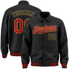 Load image into Gallery viewer, Custom Black Red-Old Gold Bomber Full-Snap Varsity Letterman Lapel Collar Byron Jacket
