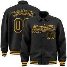 Load image into Gallery viewer, Custom Black Gold Bomber Full-Snap Varsity Letterman Lapel Collar Byron Jacket