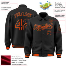 Load image into Gallery viewer, Custom Black Orange Bomber Full-Snap Varsity Letterman Lapel Collar Byron Jacket