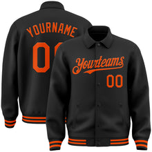 Load image into Gallery viewer, Custom Black Orange Bomber Full-Snap Varsity Letterman Lapel Collar Byron Jacket