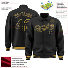 Load image into Gallery viewer, Custom Black Old Gold Bomber Full-Snap Varsity Letterman Lapel Collar Byron Jacket
