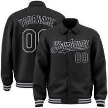 Load image into Gallery viewer, Custom Black Gray Bomber Full-Snap Varsity Letterman Lapel Collar Byron Jacket