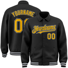 Load image into Gallery viewer, Custom Black Gold-Gray Bomber Full-Snap Varsity Letterman Lapel Collar Byron Jacket