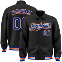 Laden Sie das Bild in den Galerie-Viewer, Custom Black Royal-Orange Bomber Full-Snap Varsity Letterman Lapel Collar Byron Jacket