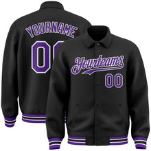 Загрузить изображение в средство просмотра галереи, Custom Black Purple-White Bomber Full-Snap Varsity Letterman Lapel Collar Byron Jacket