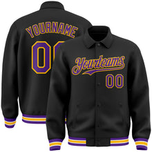 Загрузить изображение в средство просмотра галереи, Custom Black Purple-Gold Bomber Full-Snap Varsity Letterman Lapel Collar Byron Jacket
