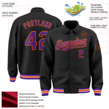 Laden Sie das Bild in den Galerie-Viewer, Custom Black Purple-Orange Bomber Full-Snap Varsity Letterman Lapel Collar Byron Jacket