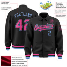 Load image into Gallery viewer, Custom Black Pink-Light Blue Bomber Full-Snap Varsity Letterman Lapel Collar Byron Jacket