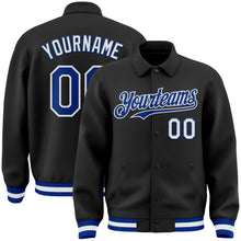 Laden Sie das Bild in den Galerie-Viewer, Custom Black Royal-White Bomber Full-Snap Varsity Letterman Lapel Collar Byron Jacket