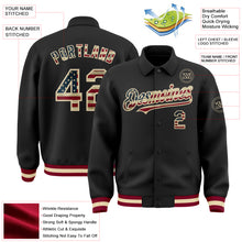 Laden Sie das Bild in den Galerie-Viewer, Custom Black Vintage USA Flag Cream-Maroon Bomber Full-Snap Varsity Letterman Lapel Collar Byron Jacket