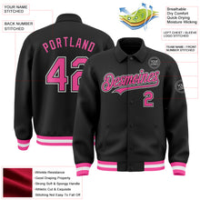 Laden Sie das Bild in den Galerie-Viewer, Custom Black Pink-White Bomber Full-Snap Varsity Letterman Lapel Collar Byron Jacket