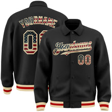 Laden Sie das Bild in den Galerie-Viewer, Custom Black Vintage USA Flag Cream-Red Bomber Full-Snap Varsity Letterman Lapel Collar Byron Jacket