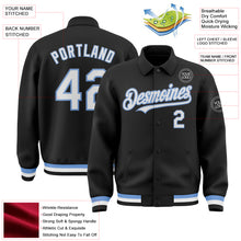 Загрузить изображение в средство просмотра галереи, Custom Black White-Light Blue Bomber Full-Snap Varsity Letterman Lapel Collar Byron Jacket