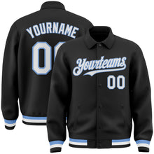 Загрузить изображение в средство просмотра галереи, Custom Black White-Light Blue Bomber Full-Snap Varsity Letterman Lapel Collar Byron Jacket