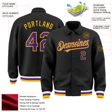 Laden Sie das Bild in den Galerie-Viewer, Custom Black Purple-Gold Bomber Full-Snap Varsity Letterman Lapel Collar Byron Jacket