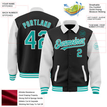 Load image into Gallery viewer, Custom Black Aqua-White Bomber Full-Snap Varsity Letterman Two Tone Lapel Collar Byron Jacket