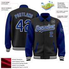 Laden Sie das Bild in den Galerie-Viewer, Custom Black Royal-White Bomber Full-Snap Varsity Letterman Two Tone Lapel Collar Byron Jacket
