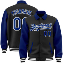 Laden Sie das Bild in den Galerie-Viewer, Custom Black Royal-White Bomber Full-Snap Varsity Letterman Two Tone Lapel Collar Byron Jacket