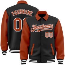 Загрузить изображение в средство просмотра галереи, Custom Black Texas Orange-White Bomber Full-Snap Varsity Letterman Two Tone Lapel Collar Byron Jacket