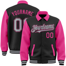 Charger l'image dans la galerie, Custom Black Gray-Pink Bomber Full-Snap Varsity Letterman Two Tone Lapel Collar Byron Jacket