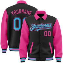 Загрузить изображение в средство просмотра галереи, Custom Black Sky Blue-Pink Bomber Full-Snap Varsity Letterman Two Tone Lapel Collar Byron Jacket