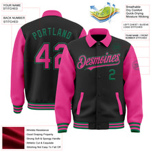 Загрузить изображение в средство просмотра галереи, Custom Black Pink-Kelly Green Bomber Full-Snap Varsity Letterman Two Tone Lapel Collar Byron Jacket
