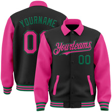 Загрузить изображение в средство просмотра галереи, Custom Black Pink-Kelly Green Bomber Full-Snap Varsity Letterman Two Tone Lapel Collar Byron Jacket