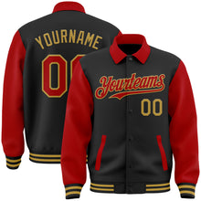 Загрузить изображение в средство просмотра галереи, Custom Black Red-Old Gold Bomber Full-Snap Varsity Letterman Two Tone Lapel Collar Byron Jacket