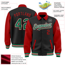 Load image into Gallery viewer, Custom Black Kelly Green-Red Bomber Full-Snap Varsity Letterman Two Tone Lapel Collar Byron Jacket