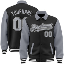 Load image into Gallery viewer, Custom Black Gray-White Bomber Full-Snap Varsity Letterman Two Tone Lapel Collar Byron Jacket