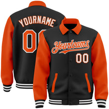 Laden Sie das Bild in den Galerie-Viewer, Custom Black Orange-White Bomber Full-Snap Varsity Letterman Two Tone Lapel Collar Byron Jacket