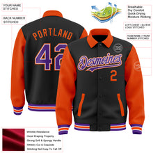Загрузить изображение в средство просмотра галереи, Custom Black Purple-Orange Bomber Full-Snap Varsity Letterman Two Tone Lapel Collar Byron Jacket