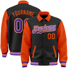 Загрузить изображение в средство просмотра галереи, Custom Black Purple-Orange Bomber Full-Snap Varsity Letterman Two Tone Lapel Collar Byron Jacket
