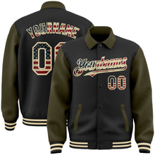 Загрузить изображение в средство просмотра галереи, Custom Black Vintage USA Flag Olive-Cream Bomber Full-Snap Varsity Letterman Two Tone Lapel Collar Byron Jacket