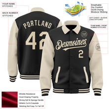 Load image into Gallery viewer, Custom Black Cream Bomber Full-Snap Varsity Letterman Two Tone Lapel Collar Byron Jacket
