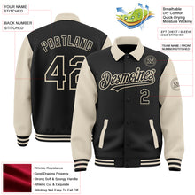 Load image into Gallery viewer, Custom Black Cream Bomber Full-Snap Varsity Letterman Two Tone Lapel Collar Byron Jacket