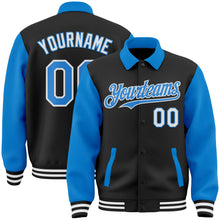 Charger l'image dans la galerie, Custom Black Powder Blue-White Bomber Full-Snap Varsity Letterman Two Tone Lapel Collar Byron Jacket