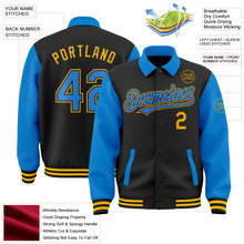 Загрузить изображение в средство просмотра галереи, Custom Black Powder Blue-Gold Bomber Full-Snap Varsity Letterman Two Tone Lapel Collar Byron Jacket