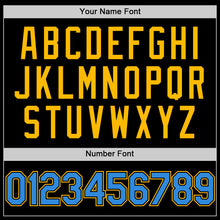 Загрузить изображение в средство просмотра галереи, Custom Black Powder Blue-Gold Bomber Full-Snap Varsity Letterman Two Tone Lapel Collar Byron Jacket