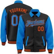 Laden Sie das Bild in den Galerie-Viewer, Custom Black Powder Blue-Orange Bomber Full-Snap Varsity Letterman Two Tone Lapel Collar Byron Jacket