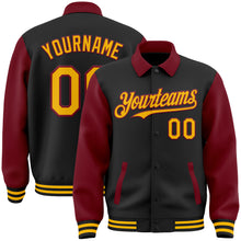 Load image into Gallery viewer, Custom Black Gold-Crimson Bomber Full-Snap Varsity Letterman Two Tone Lapel Collar Byron Jacket