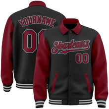 Load image into Gallery viewer, Custom Black Crimson-Gray Bomber Full-Snap Varsity Letterman Two Tone Lapel Collar Byron Jacket